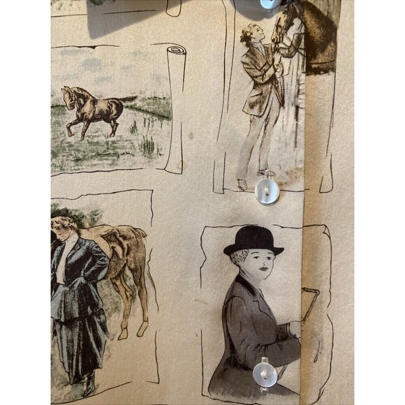 Vintage Ishyu Shirt Womens 12 Cream Silk Equestrian Horse Print Button Front 90s - Picture 14 of 15